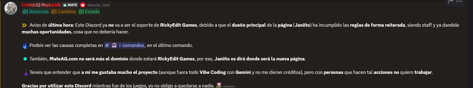 Captura del aviso de MateAG en Discord acusando al equipo de Vibe Coding con Gemini