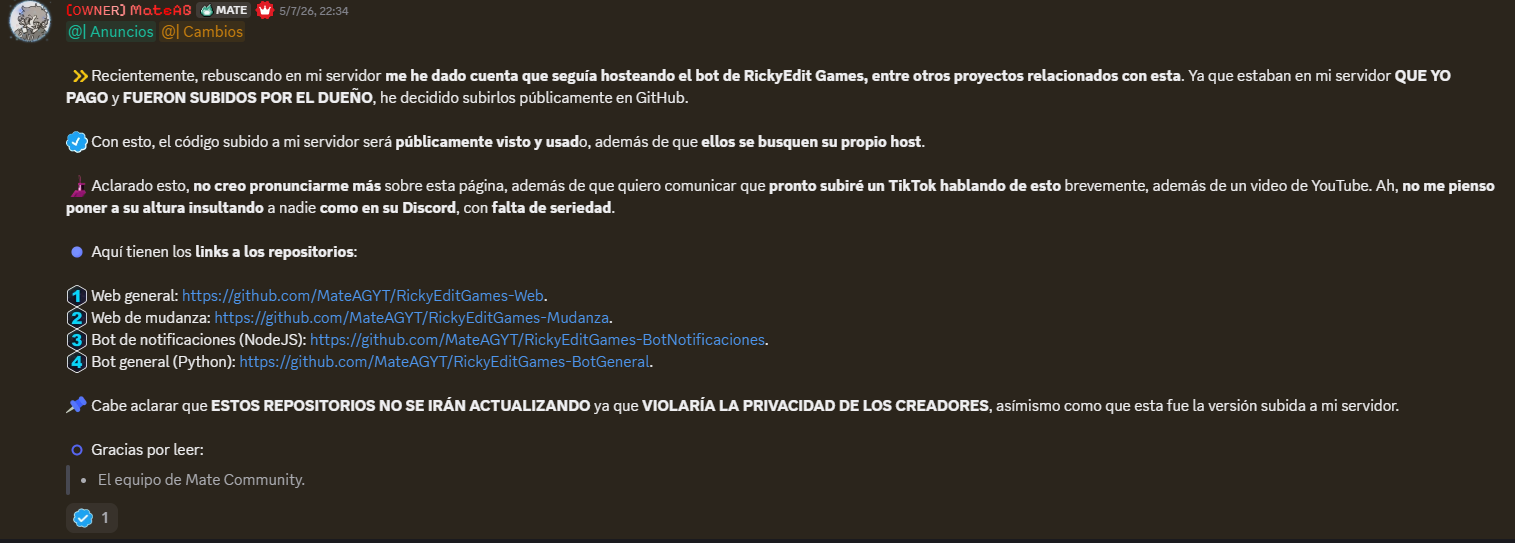 Captura del anuncio de MateAG en su servidor de Discord donde admite haber resubido los repositorios de Rickyedit Games a GitHub
