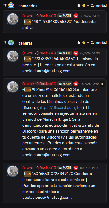 Captura del canal de comandos de MateAG aplicando baneos bajo pretextos falsos y censura por estar en otros servidores