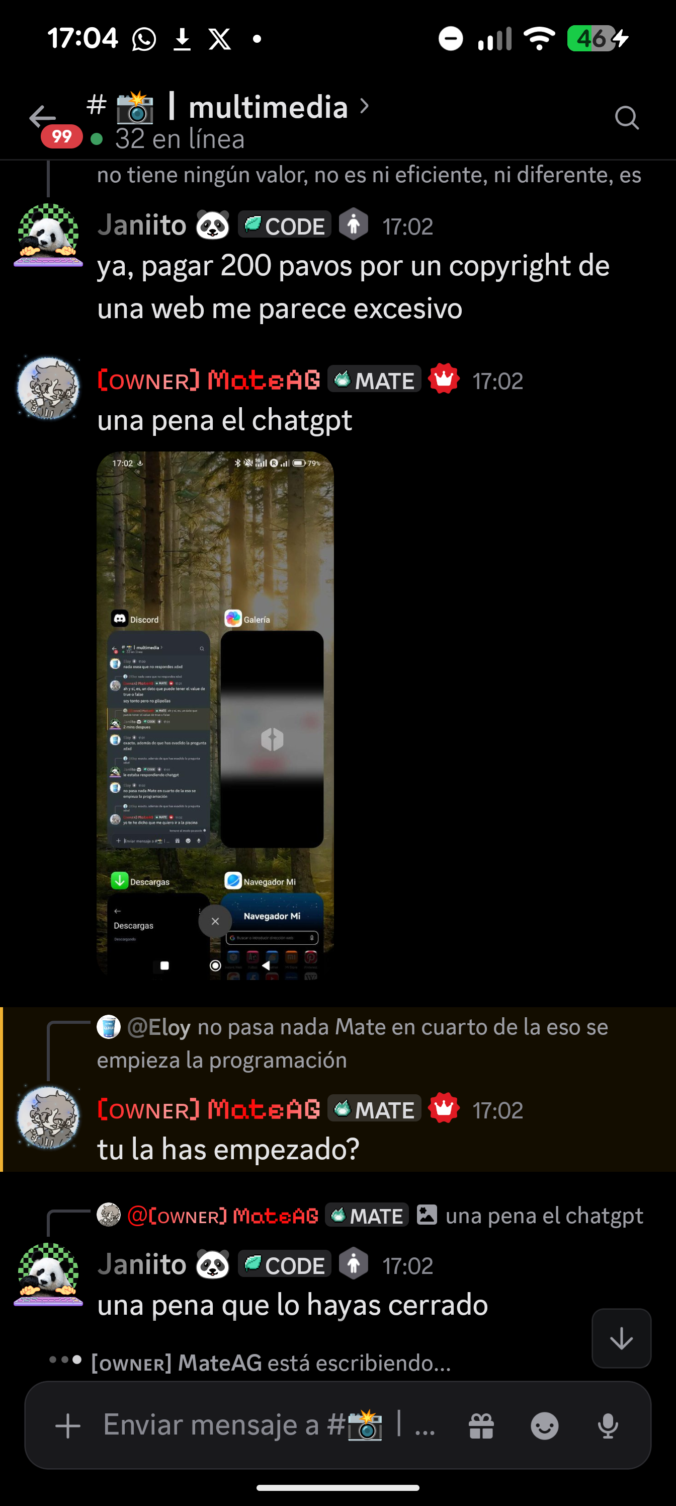 Captura enviada por MateAG mostrando ChatGPT en multitarea