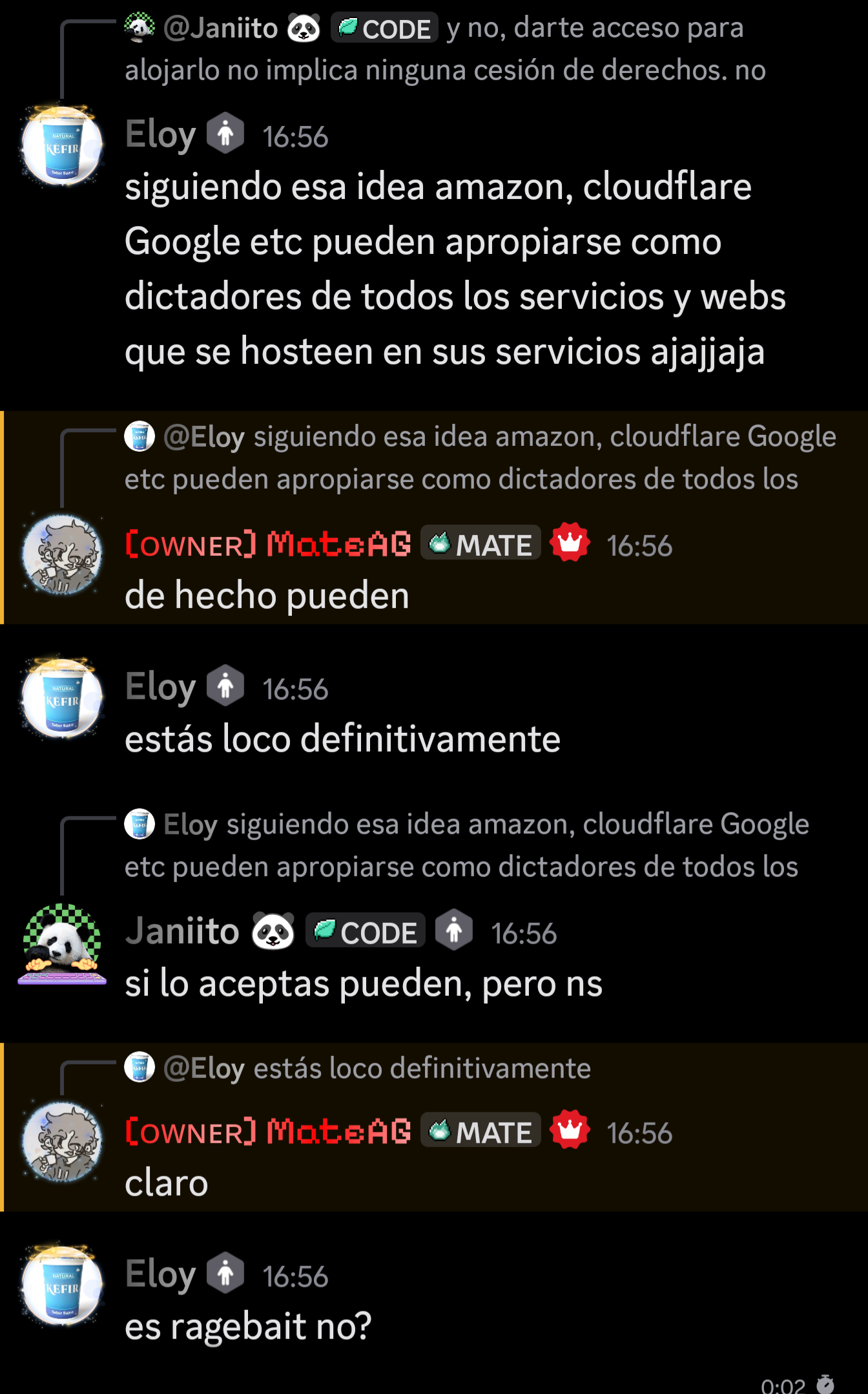 Captura donde MateAG afirma que Amazon o Cloudflare pueden apropiarse del codigo alojado
