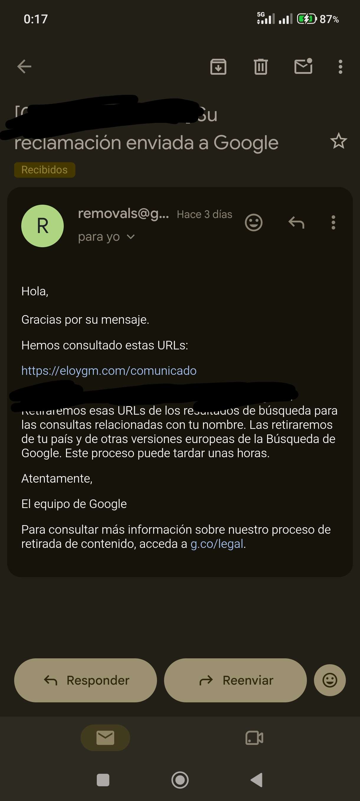 Email de Google Removals confirmando la recepción de la reclamación de MateAG y la retirada de eloygm.com/comunicado de resultados de búsqueda
