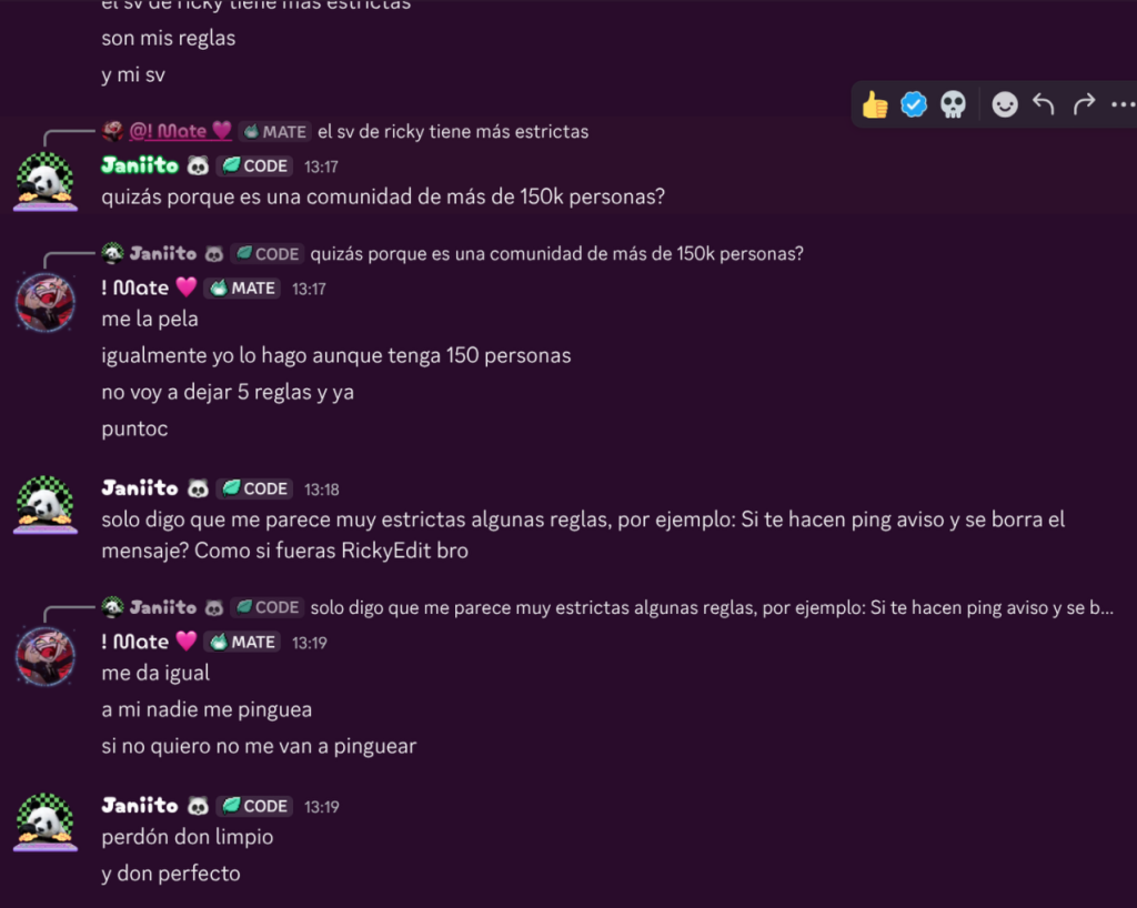 Captura de chat 2: Mensaje sobre norma de pings