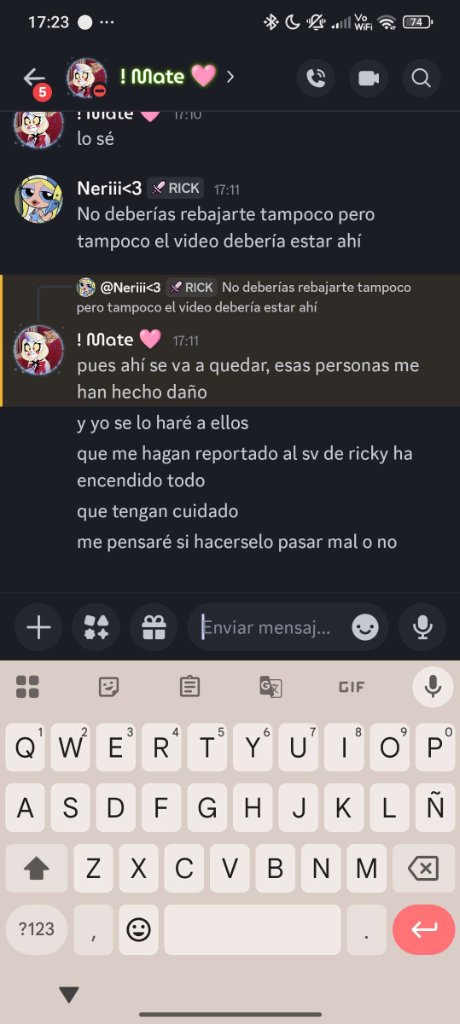 Captura de Discord con MateAG amenazando con hacerle daño a quienes le reportaron