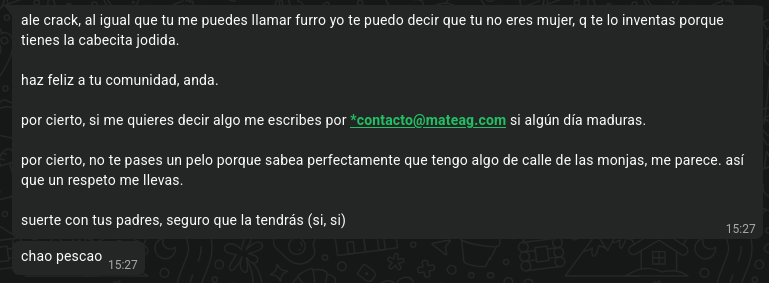 Captura de WhatsApp con mensaje de MateAG con contenido transfóbico doxxing parcial y ataque a situación familiar de Julyx