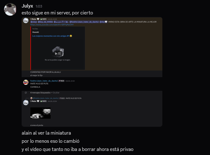 Captura del servidor mostrando el enlace al vídeo de YouTube de MateAG con menores y la reacción de los afectados