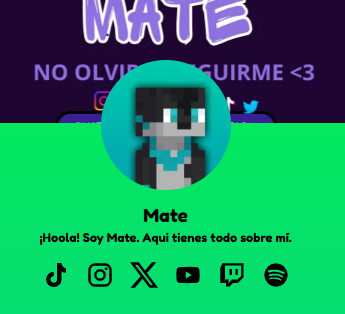 Linktree de MateAG mostrando la cara de su skin de Minecraft y redes oficiales