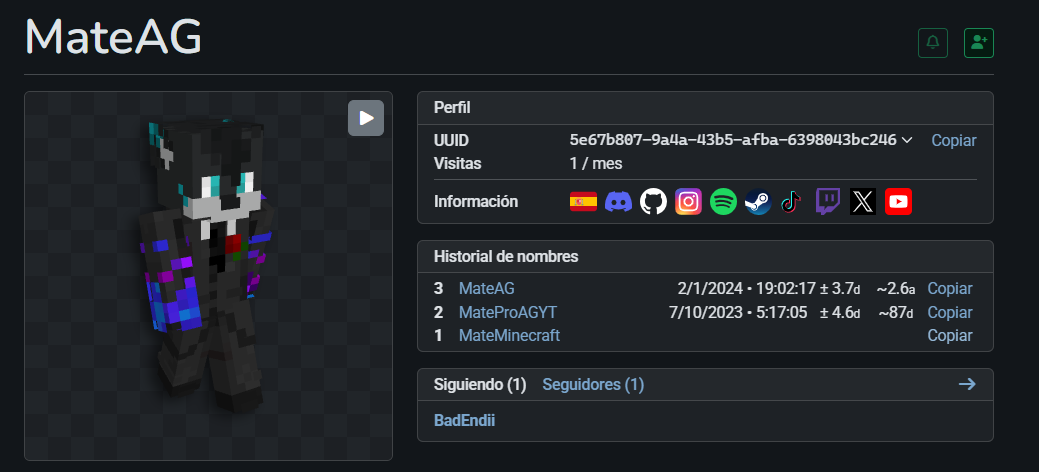Official NameMC profile confirming name history and social links