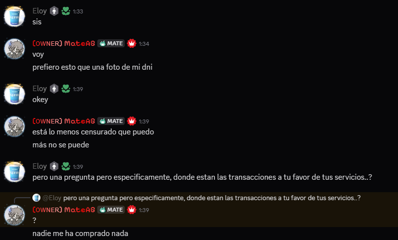 Captura de chat donde MateAG admite textualmente 'nadie me ha comprado nada'