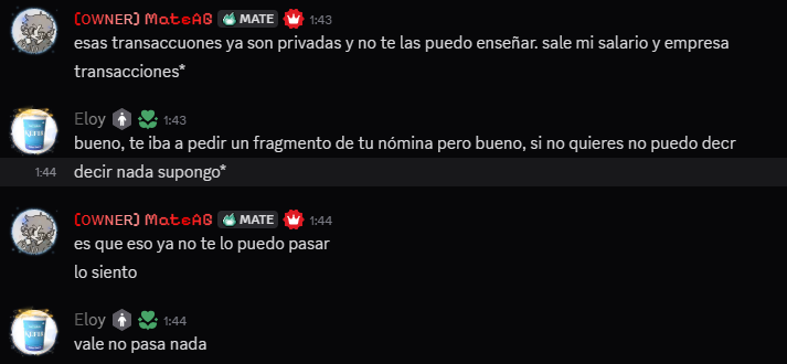 Captura de chat donde MateAG admite que no puede pasar la nomina ni transacciones