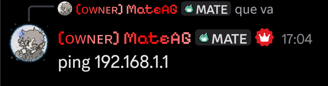 MateAG enviando ping 192.168.1.1 en Discord