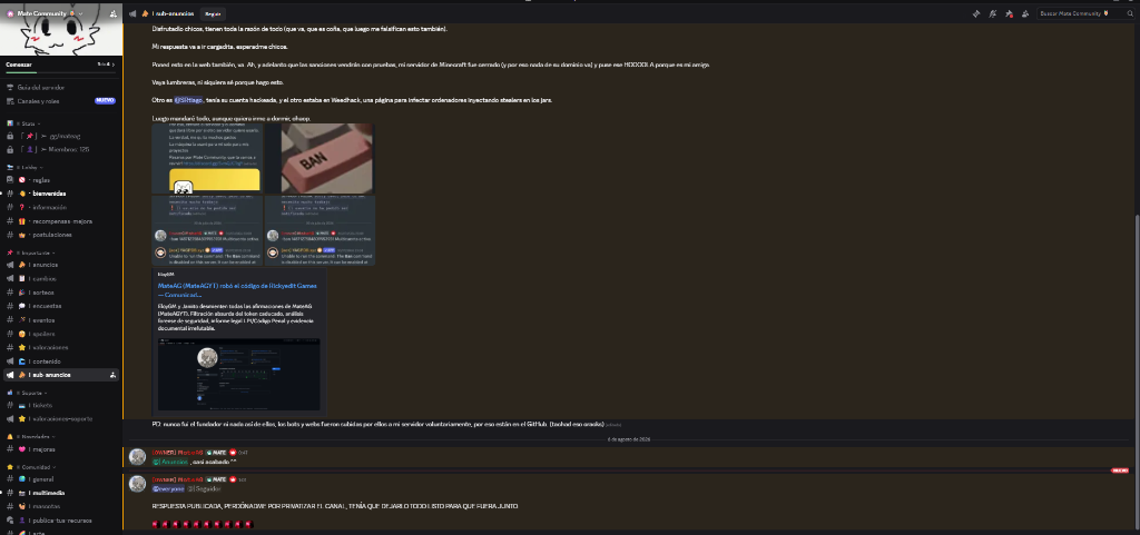 Captura de MateAG a las 1:01 admitiendo que privatizo el canal y diciendo 'Poned esto en la web tambien ya'