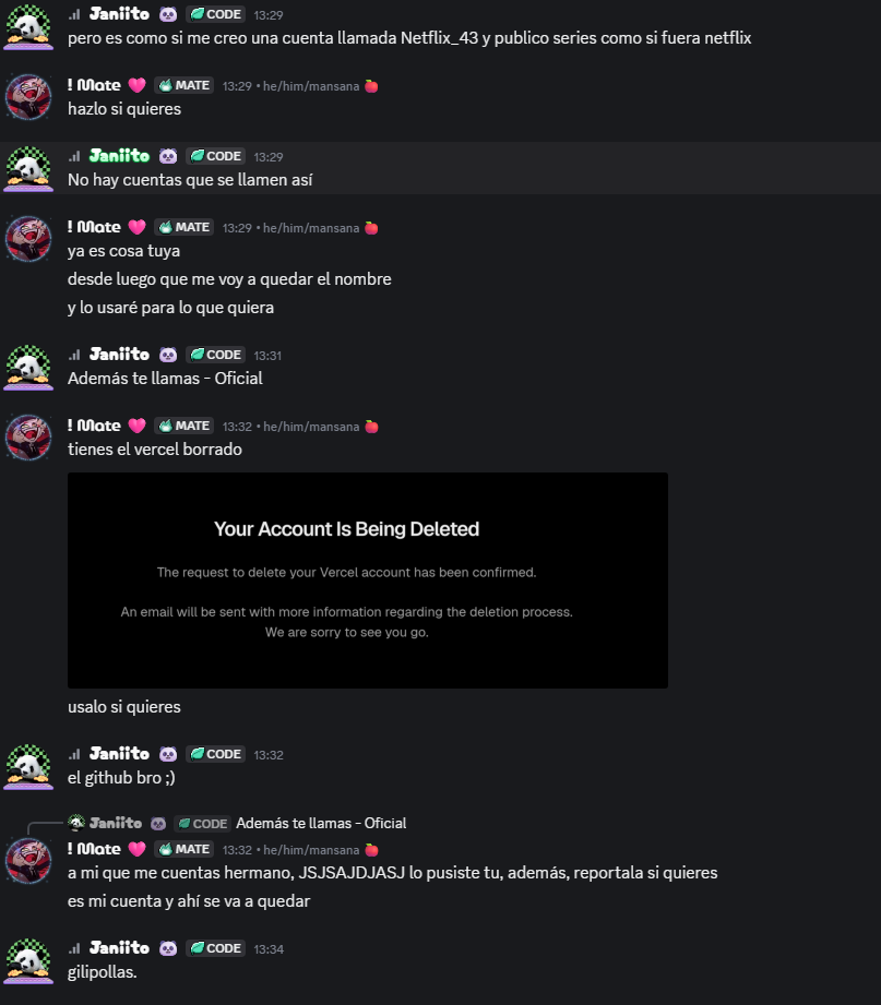 Captura de chat donde MateAG envía la pantalla de eliminación de Vercel presumiendo de haber borrado la cuenta
